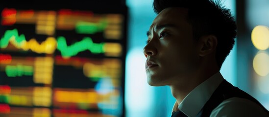 Focused Asian male entrepreneur analyzing stock market trends on trading board in modern office environment with blank space for text overlay