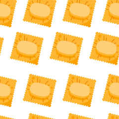  Seamless pattern of ravioli pasta. Pillow shaped pasta. Dry Italian traditional food. Vector illustration in cartoon style. Isolated white background