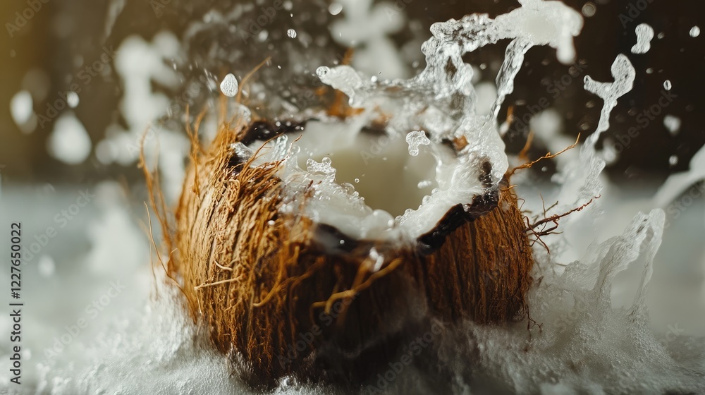 Poster macro photograph of coconut revealing milk splash creating dynamic motion and freshness in a natural