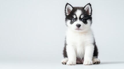 a fluffy Akita Inu puppy sitting obediently, soft pastel colors, gentle and calm, isolated on white background