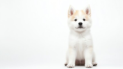 a fluffy Akita Inu puppy sitting obediently, soft pastel colors, gentle and calm, isolated on white background