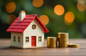 Model House With a red Roof and gold coins against a blurred background with bokeh lights