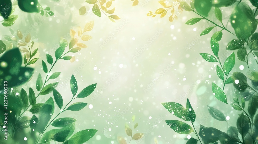 Poster soft green bokeh background with leaves and droplets creating a dreamy spring atmosphere ideal for n