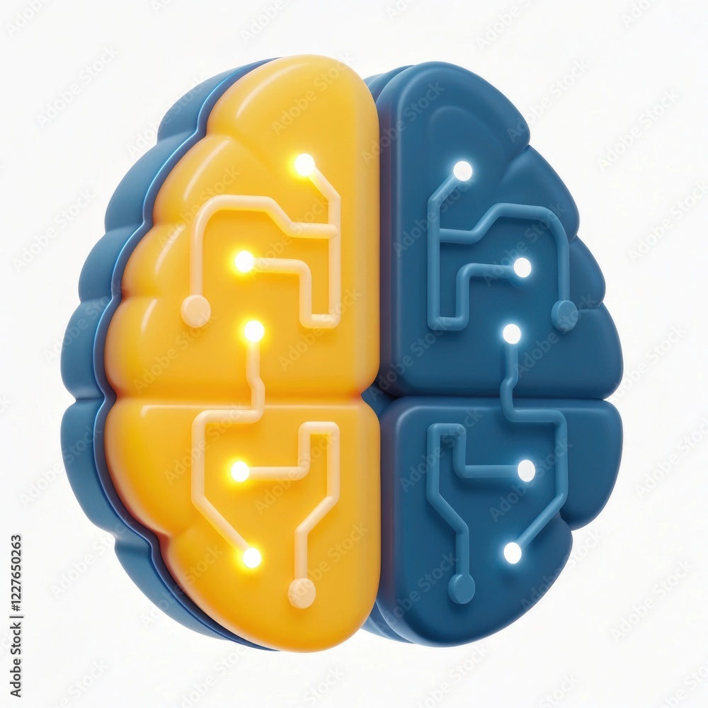 Poster a stylized brain model in blue and yellow, featuring circuit patterns and glowing elements, symboliz