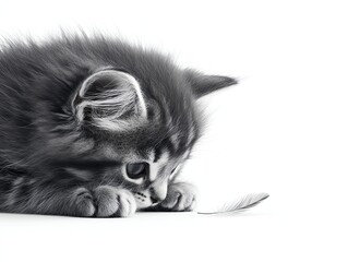 a fluffy British Shorthair kitten playing with a feather, soft and delicate, 3Drendered realism, isolated on white background