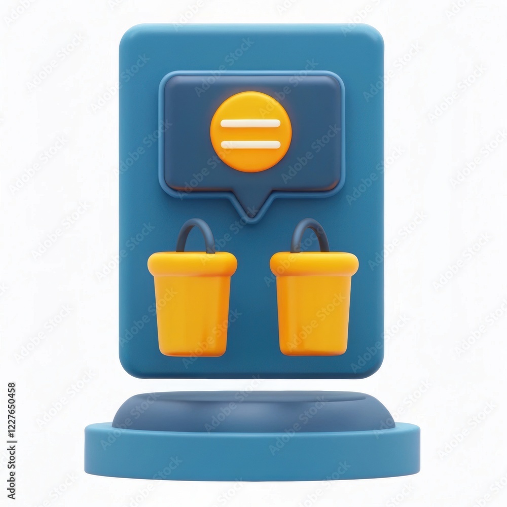 Poster a colorful 3d model features two yellow buckets and a blue panel with a speech bubble icon, suggesti