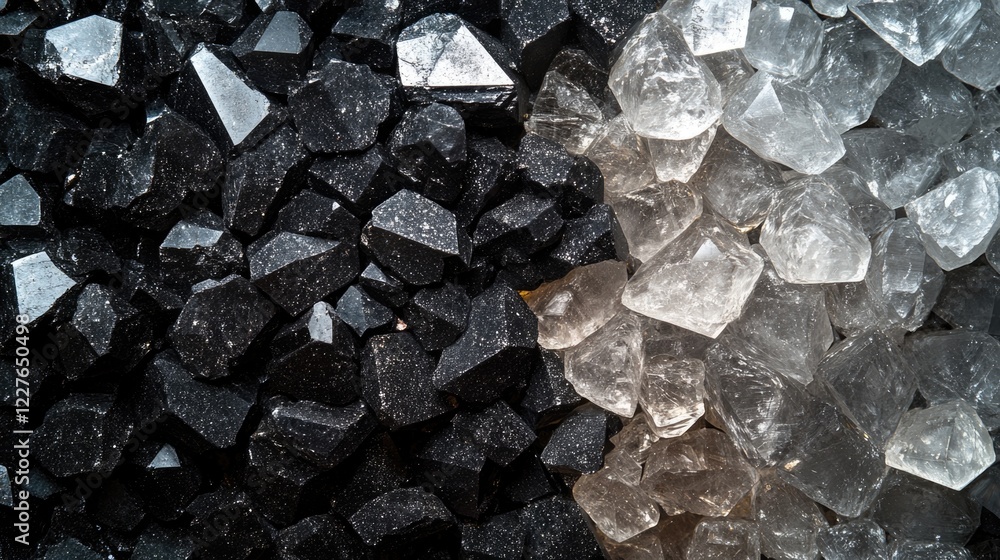 Poster glittering black and white gradient crystal texture on a heavy stone background with ample copyspace