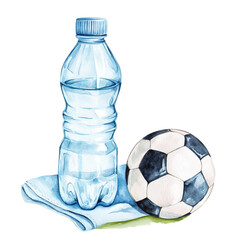 Naklejka premium Water Bottle and Soccer Ball on a Blue Towel Ready for a Game in a Sunny Park