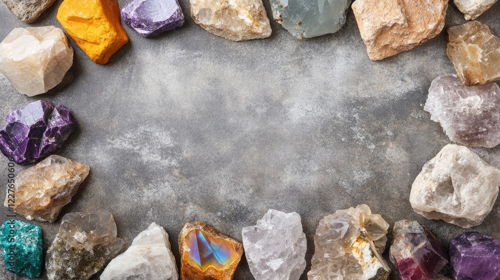 Poster natural frame created with colorful mineral and gemstone stones arranged in a flat lay on a textured