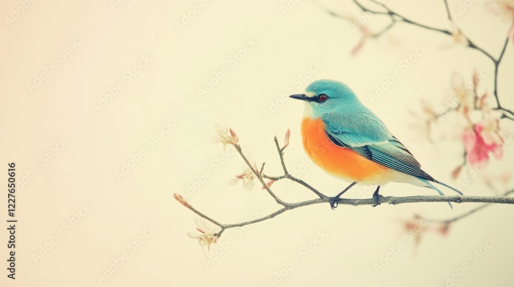 Poster vibrant colorful bird perched on branch against soft cream background with empty space for text in n