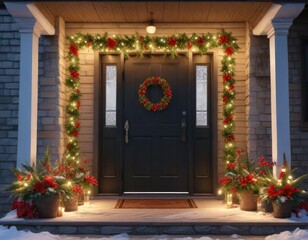 Fototapeta premium Snowy porch entrance with festive garlands and wreath, Christmas decorations, holiday decor