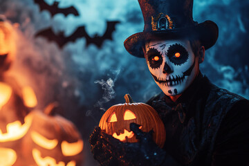 Glowing Jack-o'-Lanterns in a Spooky Forest Under Full Moon with Flying Bats and Autumn Leaves Creating an Eerie Halloween Night Atmosphere