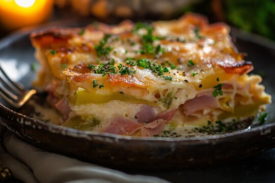 Delicious chicon au gratin served on a dark plate, featuring creamy layers of ham, cheese, and pasta, topped with green herbs for presentation.