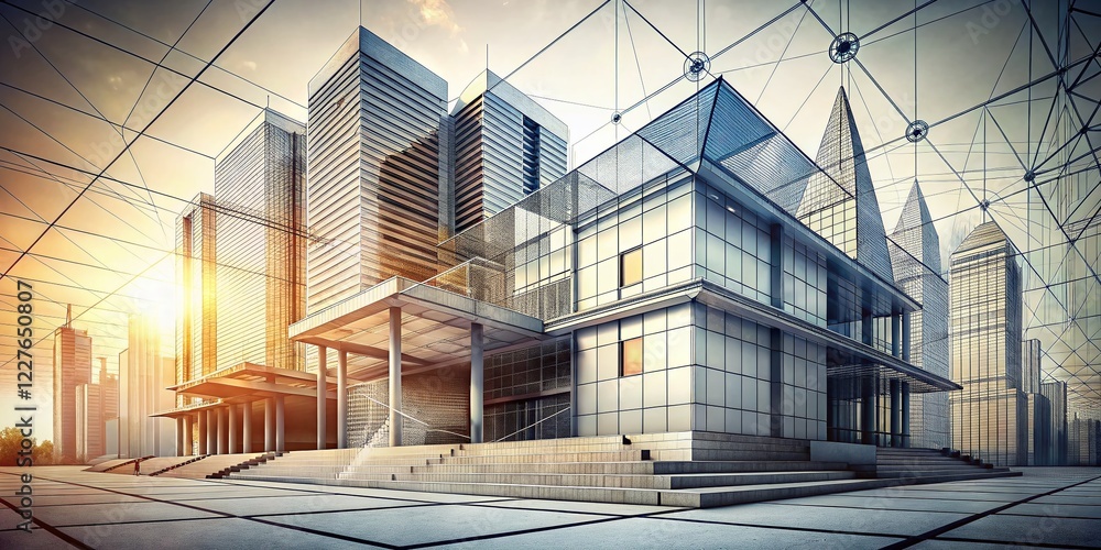 Poster architectural sketches: dotted line outlines & abstract forms - modern design blueprint