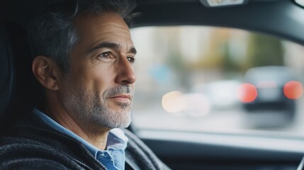 Man displaying focused expression while driving, illustrating intense concentration and emotional engagement behind the wheel.