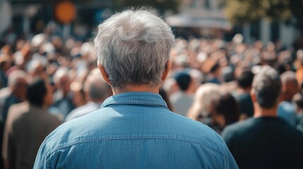Fototapeta premium Thoughtful senior man observing a diverse crowd while wearing a blue shirt and standing with his back to the viewer in a public setting.