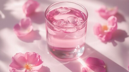 Rose Water Infusion with Ice in a Glass Surrounded by Delicate Petals and Soft Lighting