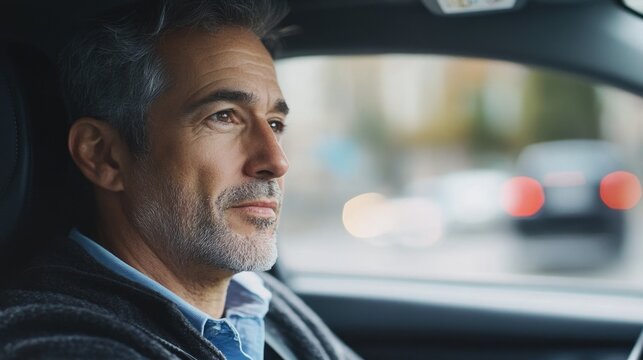 Man displaying focused expression while driving, illustrating intense concentration and emotional engagement behind the wheel.