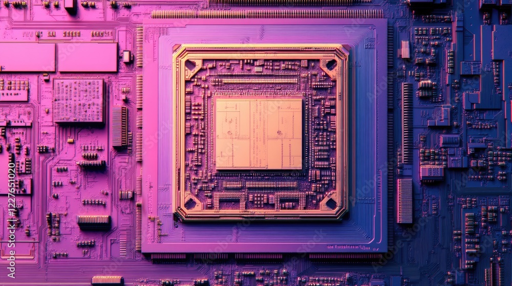 Poster intricate close-up of a colorful microchip showcasing advanced technology and circuit design detail 