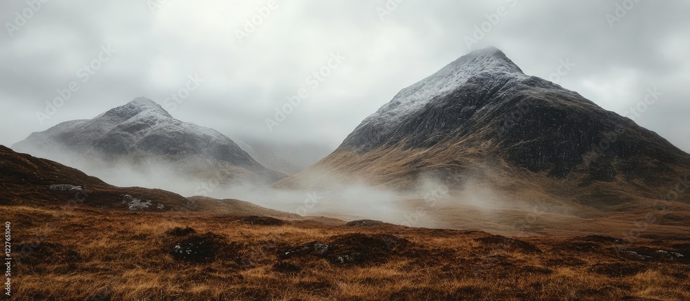 Poster misty mountains under an overcast sky with fog creating a mystical atmosphere and ample space for te