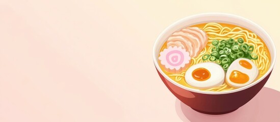 Japanese ramen noodles in a bowl with broth toppings and empty space for text ideal for food advertisements or restaurant promotions