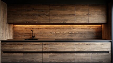 Rustic vintage wooden kitchen pantry wall with natural brown texture and modern lighting design showcasing wood material background