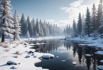 Snowy forest landscape with a frozen lake and snow-covered trees, frozen lake in winter, snowy forest