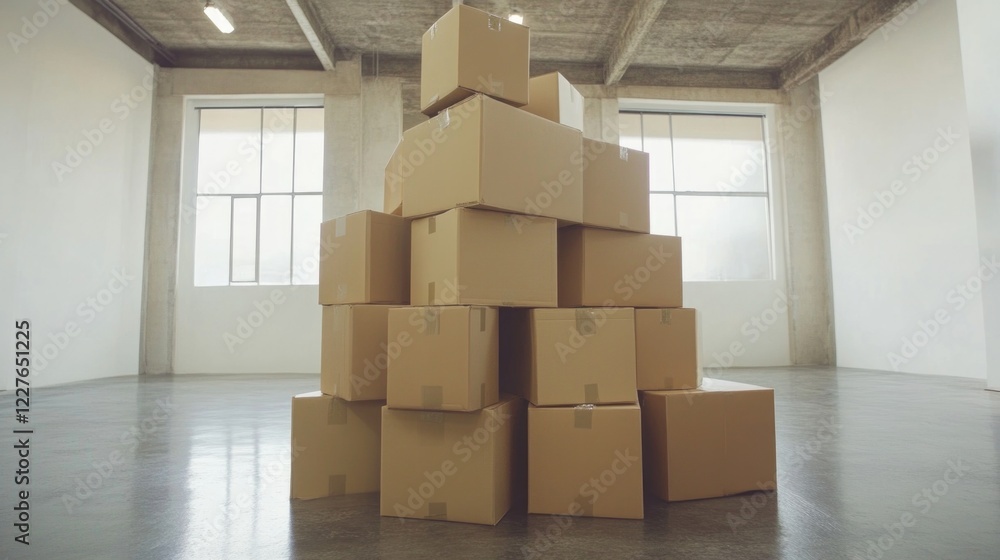 Poster stack of cardboard moving boxes in a spacious, empty room with modern concrete walls and large windo