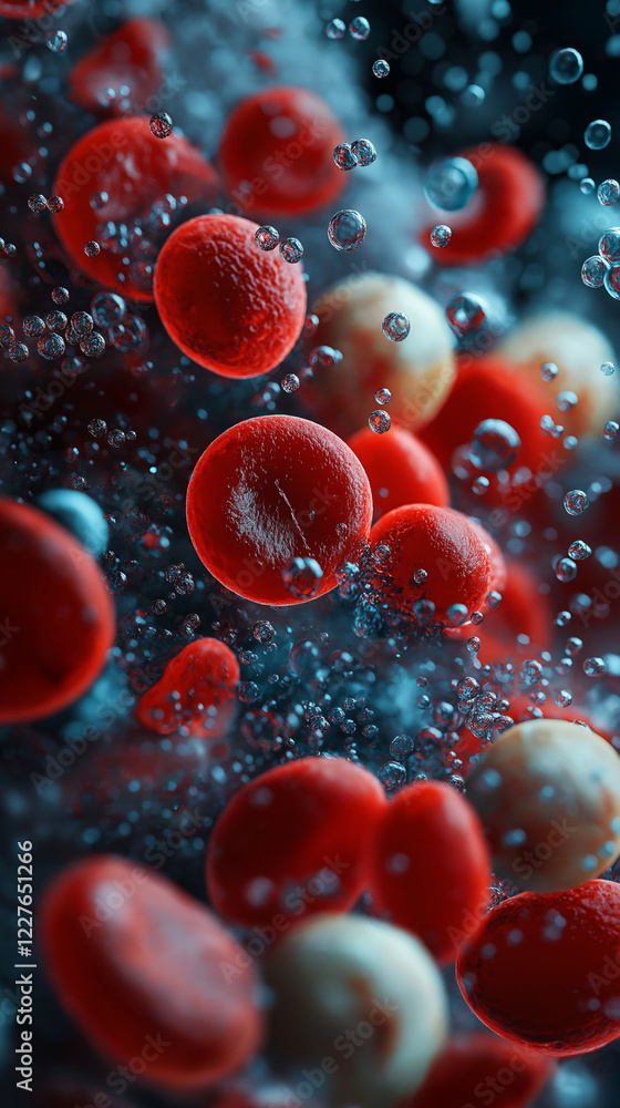 Poster hdl cholesterol metabolism blood. close-up image of red blood cells and cholesterol in macro view.