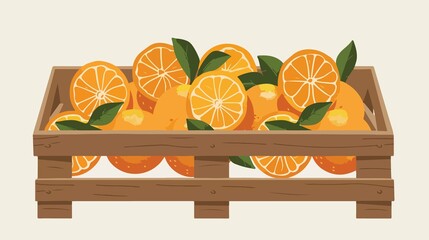 Juicy Fresh Oranges Fruits in Wooden Crate Flat Vector Illustration
