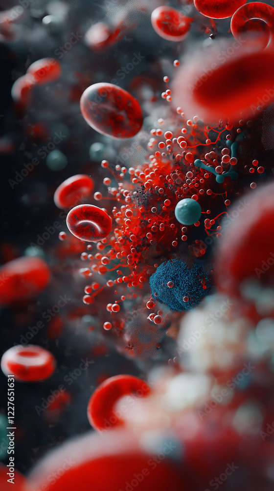Poster hdl cholesterol metabolism blood. close-up macro image of red blood cells with cholesterol elements.