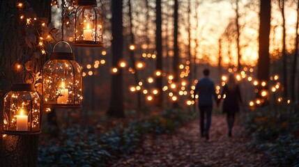 Obraz premium Romantic Evening Walk Through an Enchanted Forest with Glowing Lanterns