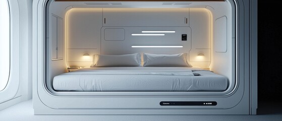 Obraz premium A minimalist capsule hotel room with a double bed, illuminated by soft lighting, designed for comfort and space efficiency.
