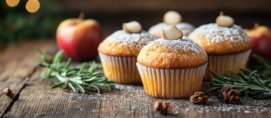 Fototapeta premium Rustic table with apple-shaped cupcakes and muffins garnished with rosemary and powdered sugar, featuring space for text addition.
