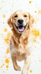a golden retriever with a joyful smile, expressive watercolor splash effect, isolated on white background
