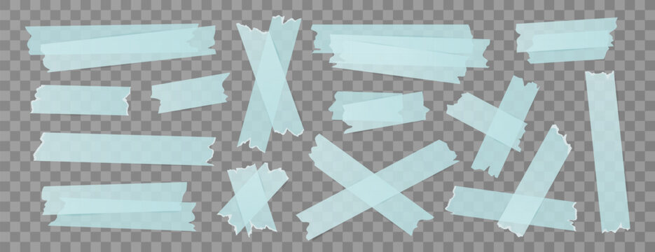 Set of isolated sticky stripes, duct tapes, adhesive notes, stickers. Transparent blue vector elements on background. Vector collection of papers for collages, office and school designs, reminders.