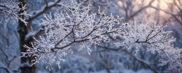 Obraz premium Snowflakes gently falling on bare winter branches against a soft focus background, evergreen, peaceful