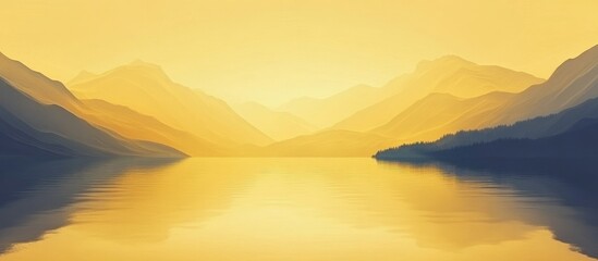 Fototapeta premium Tranquil mountain lake at sunset with golden hues reflecting on calm water and blank space for text or overlay design.