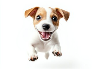 a Jack Russell Terrier puppy jumping excitedly, highspeed photography effect, ultradetailed, isolated on white background