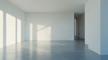 Serene minimalist living room with expansive blank white walls and natural light casting gentle shadows on a polished concrete floor