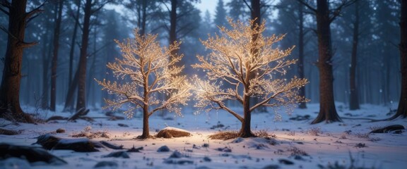 Snowflakes fall gently around a small glowing tree in a frozen forest, soft light, snowfall, glowing tree