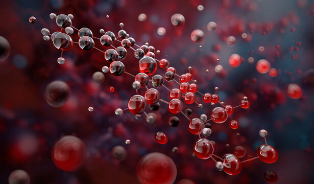 A 3D scientific model of a hemoglobin molecule, a complex protein found in red blood cells responsible for oxygen transport. Heme group structure, iron atom bound to oxygen. Oxygen transport in blood