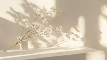 Minimalist arrangement of delicate white flowers casting soft shadows on a serene background ideal for wellness and relaxation themes