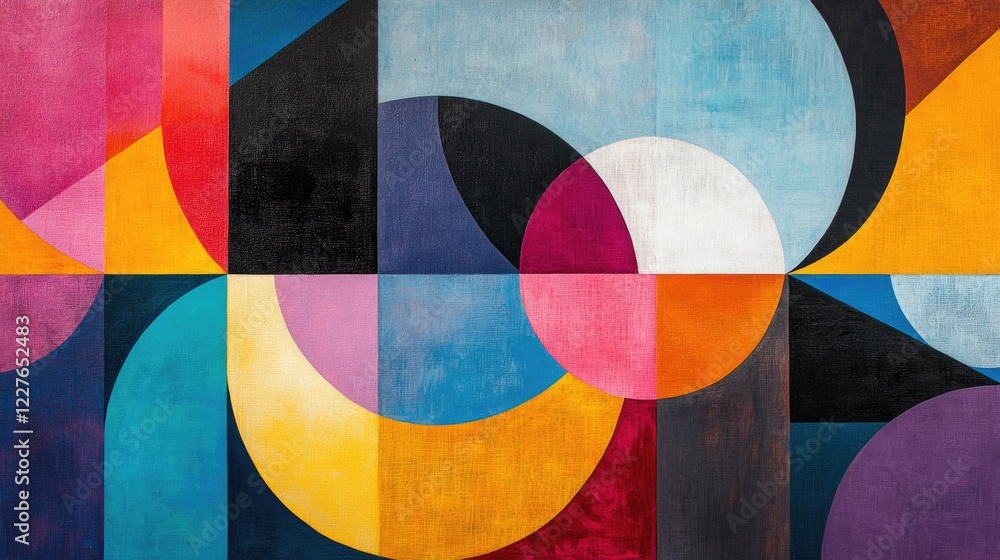 Poster vibrant geometric abstract artwork with bold colors and shapes creating a modern artistic compositio