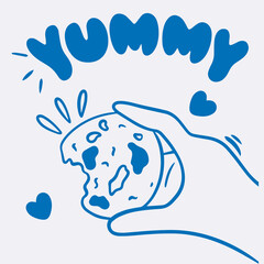 Vector doodle illustration of cookies with blue line, lettering for coffee shop logo, pastry shop, bakery, branding, print, hearts 