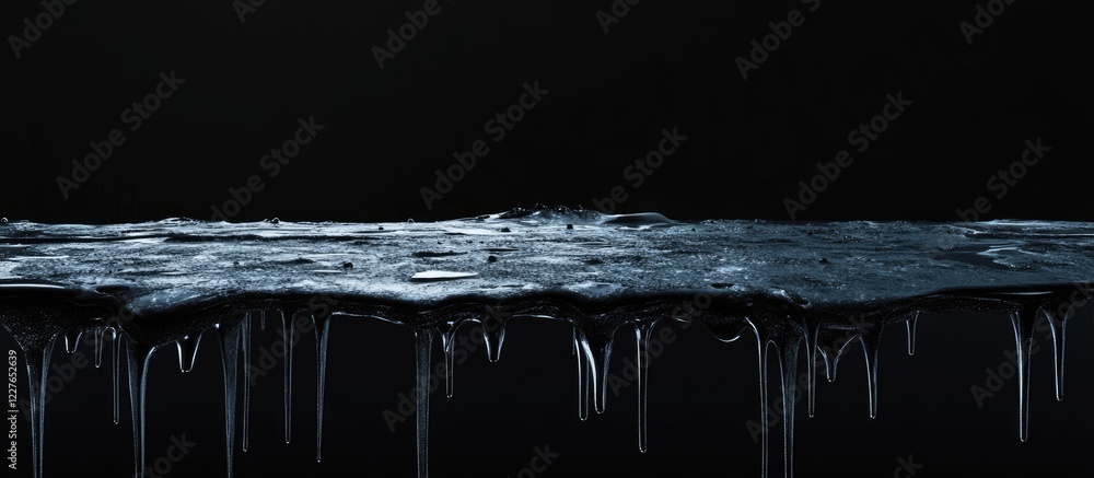 Poster dark liquid dripping on a reflective surface creating a moody atmosphere with ample negative space f