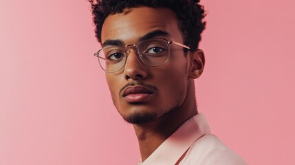 Fototapeta premium Stylish man with curly hair and glasses posing against a vibrant pink background in a modern fashion portrait.