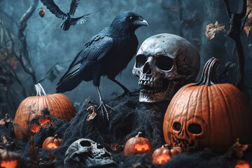 Glowing Jack-o'-Lanterns in a Spooky Forest Under Full Moon with Flying Bats and Autumn Leaves Creating an Eerie Halloween Night Atmosphere