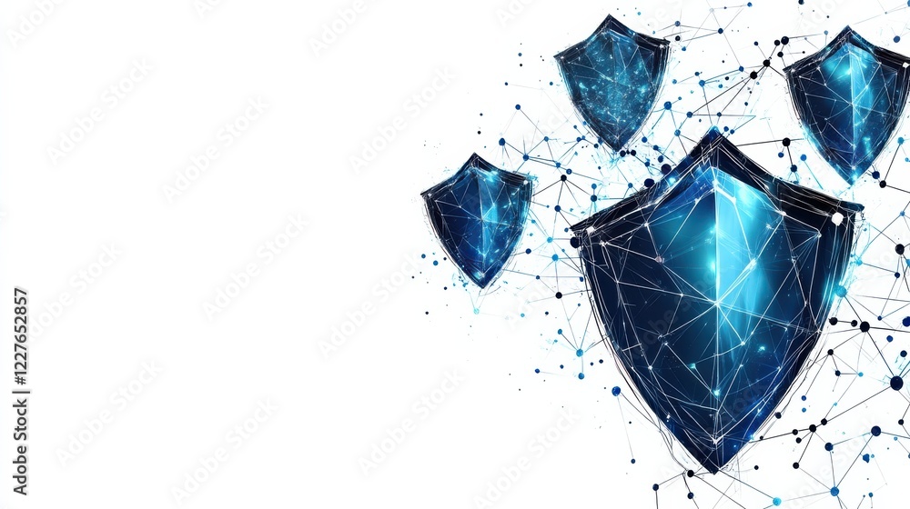 Aufkleber digital shields representing cybersecurity and protection in a futuristic network background