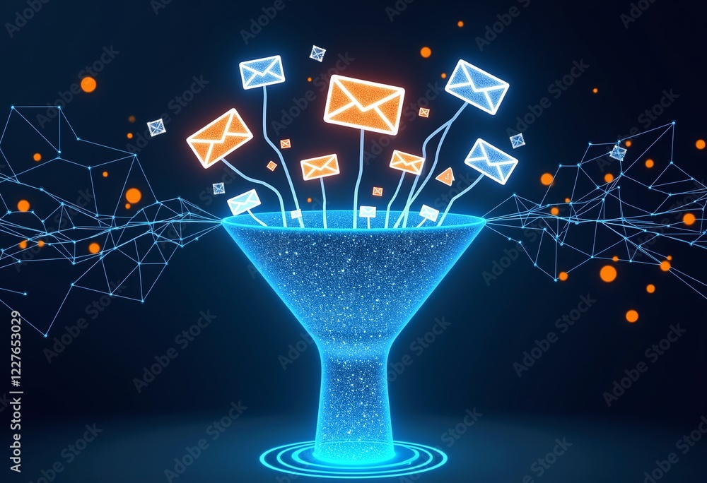 Poster a modern visualization of a digital funnel that sorts emails into personalized paths: loyalty progra